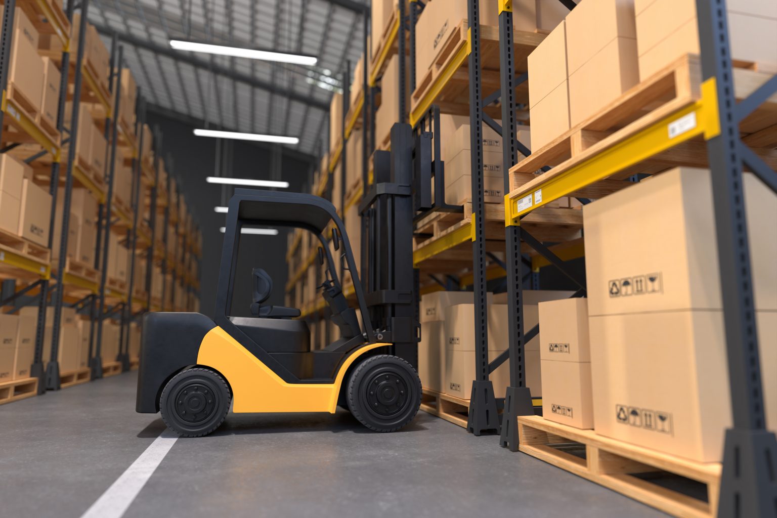 Forklift is lifting a wooden pallet in a warehouse. 3d illustration